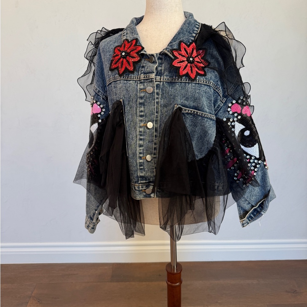 Denim Jacket with Black Tulle and Floral Embroidery